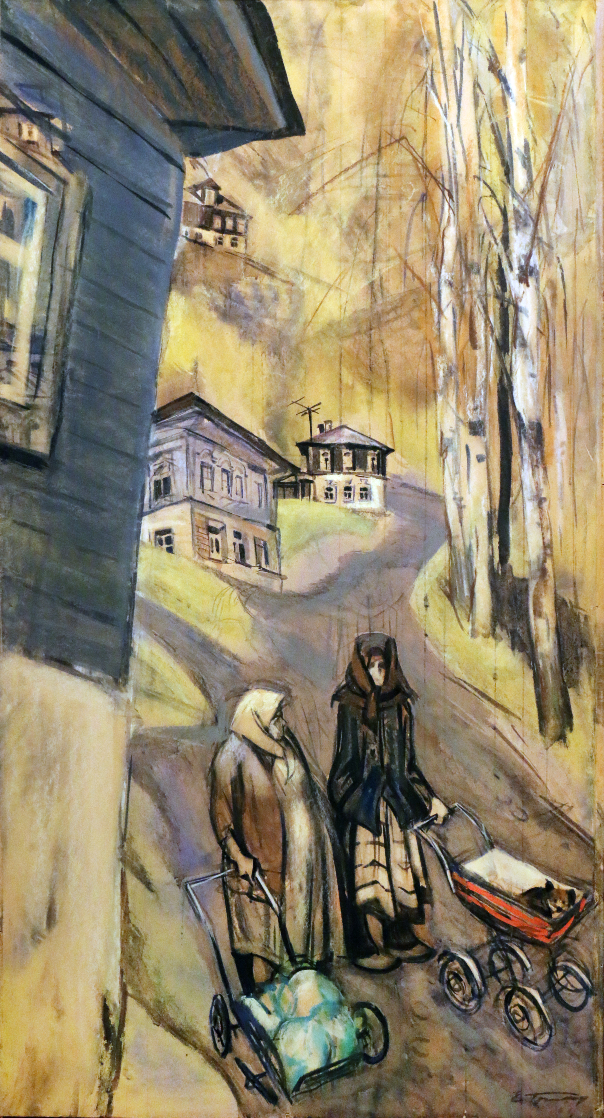 Грибов Е. А. В старом Плёсе. 1950-е гг. Бумага, целлулоид, заливочная краска, тушь, панда, пастель. 132х70